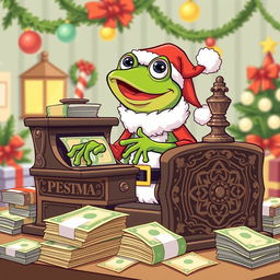 A whimsical illustration of Pepe the Frog dressed as Santa Claus, joyfully operating a vintage money printing machine