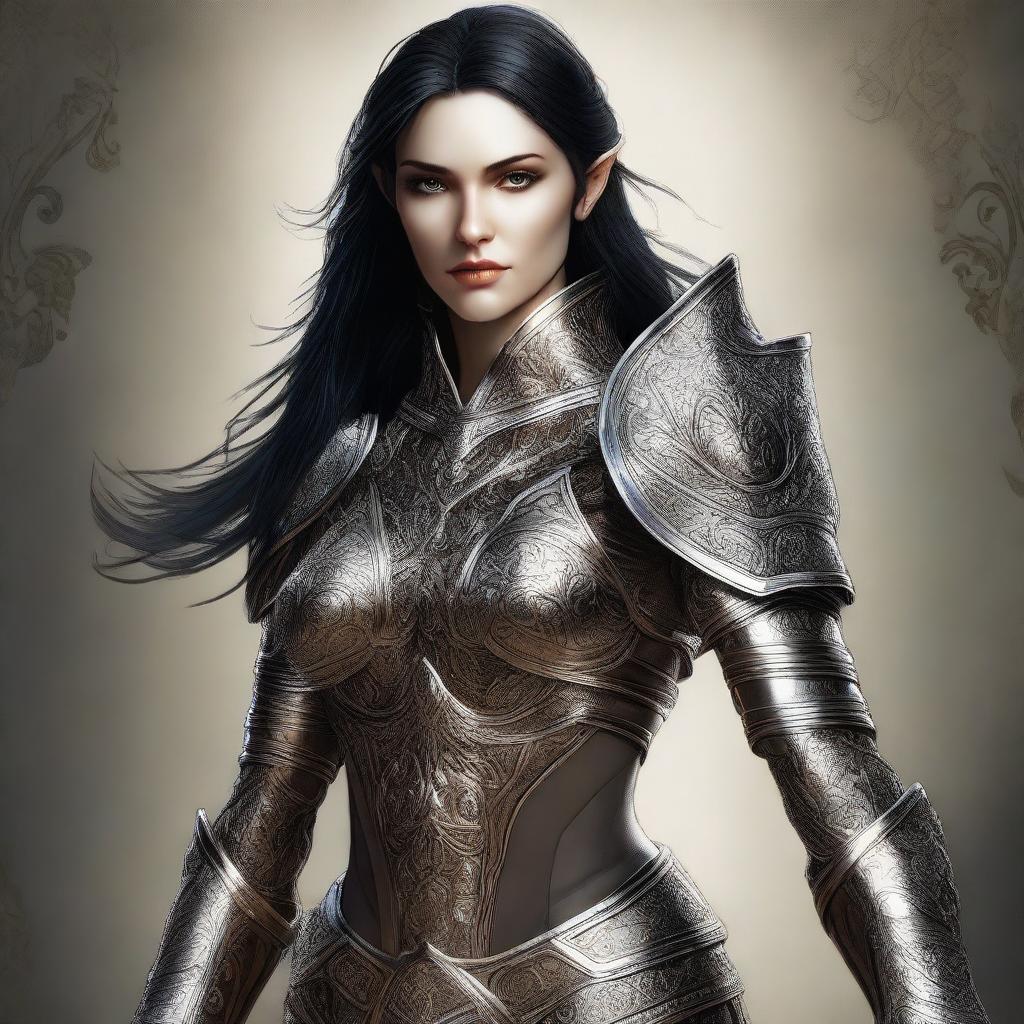 A digital art image of a heroic female wood elf, portrayed in the highest quality