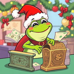 A whimsical illustration of Pepe the Frog dressed as Santa Claus, joyfully operating a vintage money printing machine