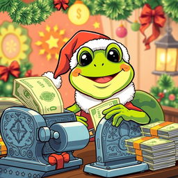 A whimsical illustration of Pepe the Frog dressed as Santa Claus, joyfully operating a vintage money printing machine