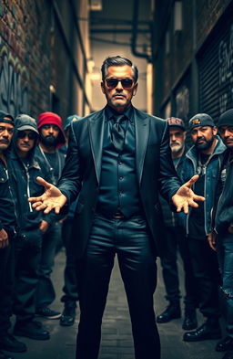 A powerful gangster leader standing confidently in front of a group of seven loyal gang members