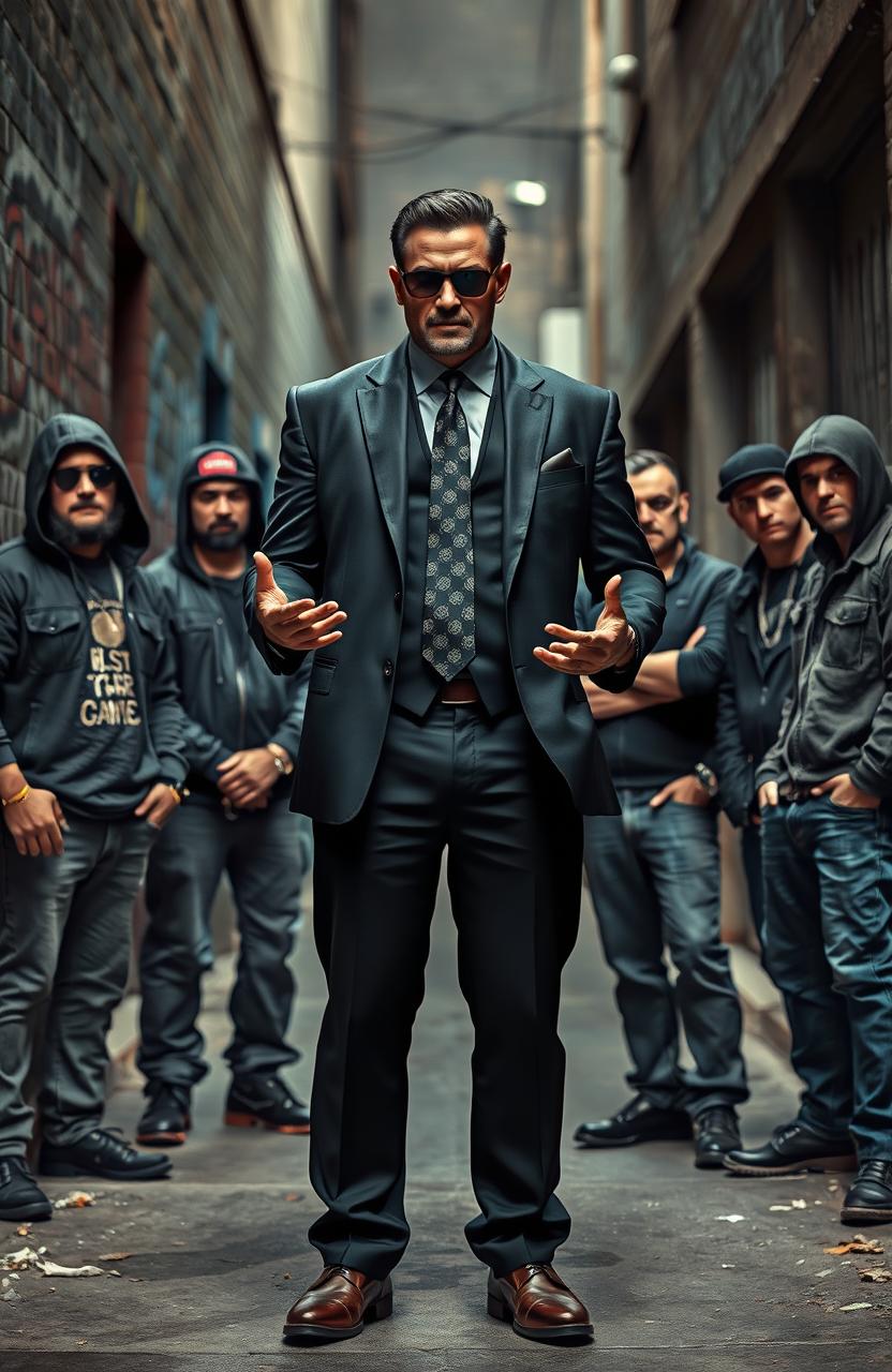 A powerful gangster leader standing confidently in front of a group of seven loyal gang members