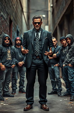 A powerful gangster leader standing confidently in front of a group of seven loyal gang members