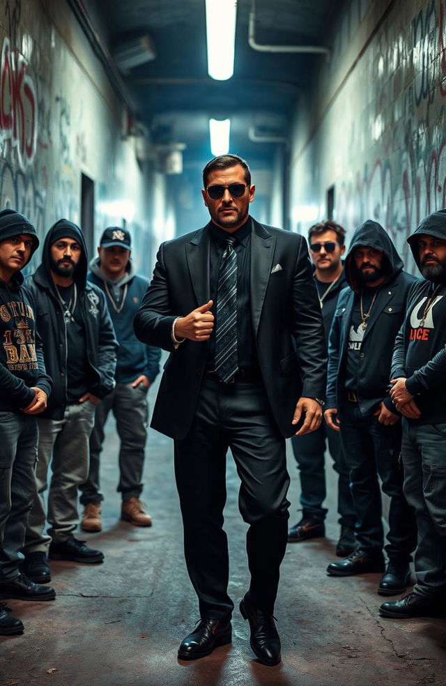 A powerful gangster leader standing confidently in front of a group of seven loyal gang members