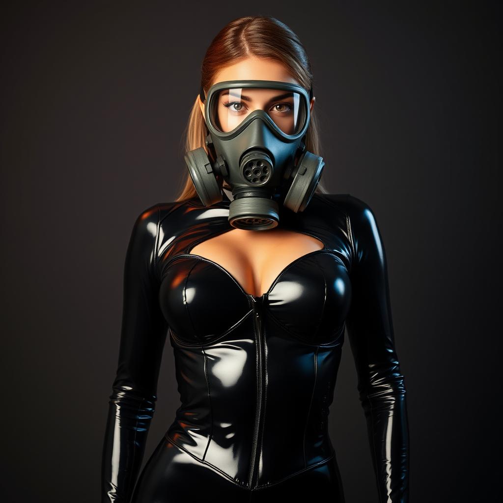A hot slim girl clad in a full enclosure black very tight latex suit that flawlessly fits her figure, accentuating her big breasts and maintaining a sleek aesthetic