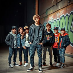 A group of seven teenagers standing around a charismatic teenage gang leader in an urban setting