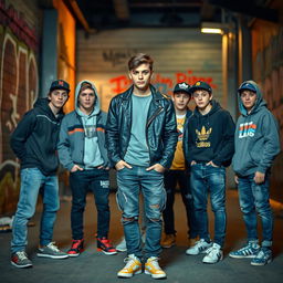 A group of seven teenagers standing around a charismatic teenage gang leader in an urban setting