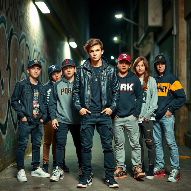 A group of seven teenagers standing around a charismatic teenage gang leader in an urban setting