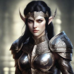 A digital art image of a heroic female wood elf, portrayed in the highest quality