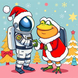 A whimsical and colorful illustration featuring the character Pepe the Frog dressed as Santa Claus, complete with a red suit, white trim, and a fluffy hat