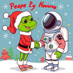 A whimsical and colorful illustration featuring the character Pepe the Frog dressed as Santa Claus, complete with a red suit, white trim, and a fluffy hat