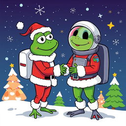 A whimsical and colorful illustration featuring the character Pepe the Frog dressed as Santa Claus, complete with a red suit, white trim, and a fluffy hat