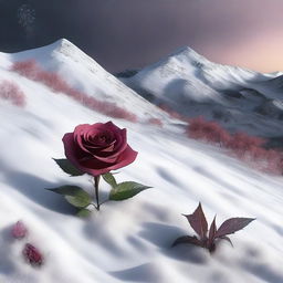 A high-quality digital art image depicts a snow-covered hill, which is uniquely spilling with ashes