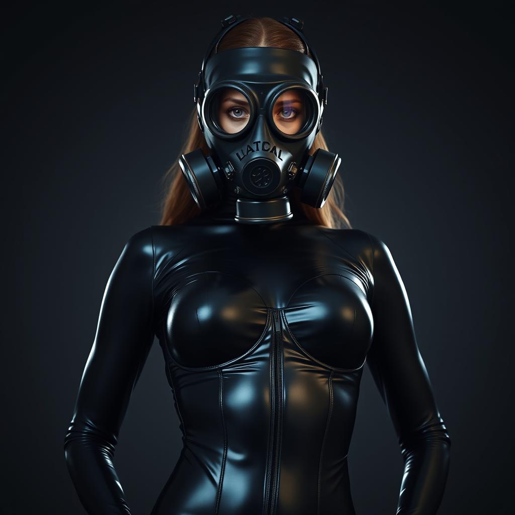 A stunning slim girl in a full enclosure black very tight latex suit that perfectly contours her body, showcasing her big breasts