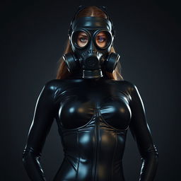 A stunning slim girl in a full enclosure black very tight latex suit that perfectly contours her body, showcasing her big breasts