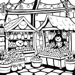 A charming medieval market scene, full of childhood innocence and cuteness, featuring a couple of quaint stores selling an array of fruits and vegetables