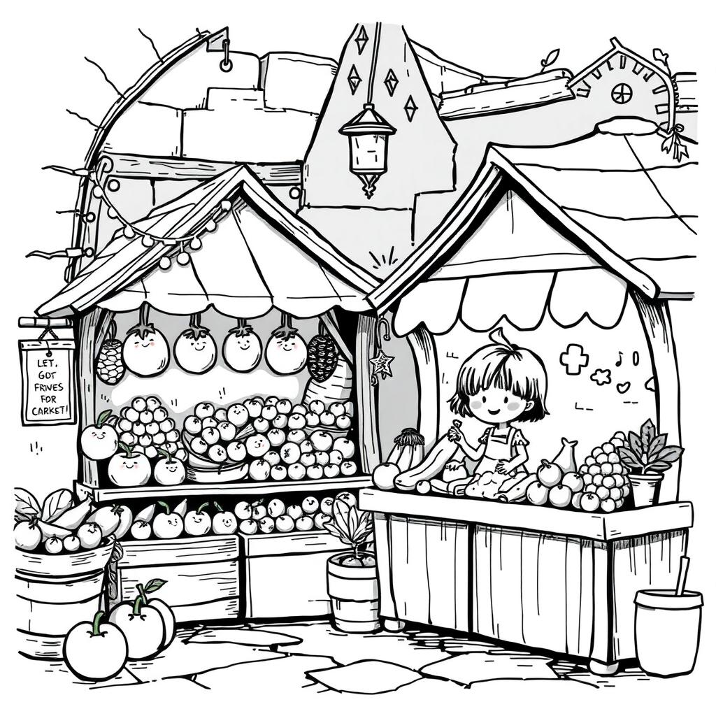 A charming medieval market scene, full of childhood innocence and cuteness, featuring a couple of quaint stores selling an array of fruits and vegetables