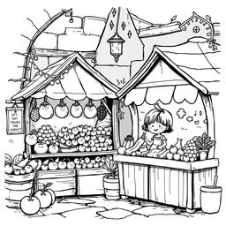 A charming medieval market scene, full of childhood innocence and cuteness, featuring a couple of quaint stores selling an array of fruits and vegetables