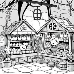 A charming medieval market scene, full of childhood innocence and cuteness, featuring a couple of quaint stores selling an array of fruits and vegetables