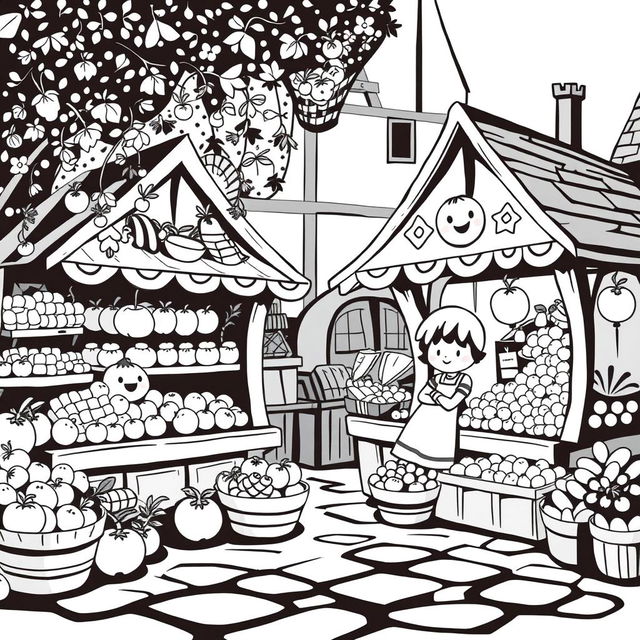 A charming medieval market scene, full of childhood innocence and cuteness, featuring a couple of quaint stores selling an array of fruits and vegetables