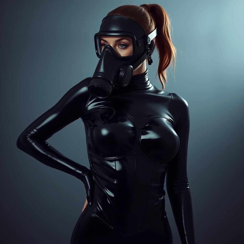 A stunning slim girl in a full enclosure black very tight latex suit that clings to her body, emphasizing her big breasts