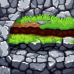 Pixel art depicting multiple layers of cave flooring, transitioning smoothly from stone to earth and finally to grass