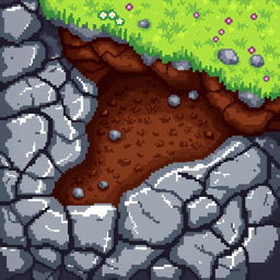 Pixel art depicting multiple layers of cave flooring, transitioning smoothly from stone to earth and finally to grass