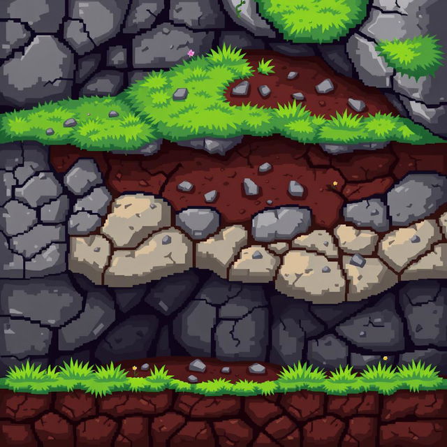 Pixel art depicting multiple layers of cave flooring, transitioning smoothly from stone to earth and finally to grass