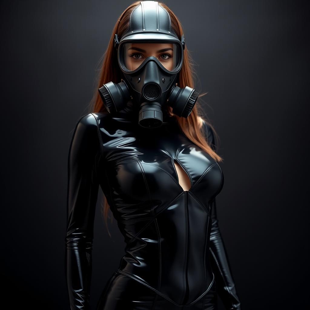 A hot slim girl dressed in a full enclosure black very tight latex suit that clings to her body, emphasizing her big breasts