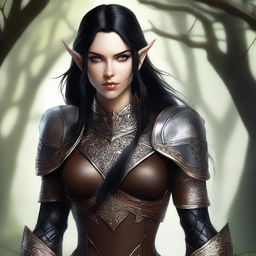 A high-quality digital art image of a heroic female wood elf