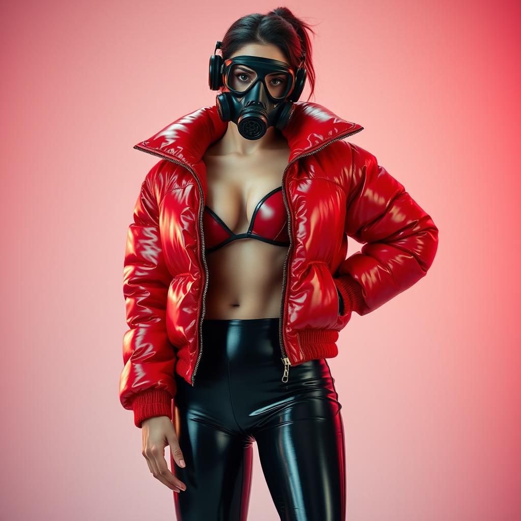 A hot slim girl with big breasts, dressed in a shiny red tight puffer jacket that accentuates her curves