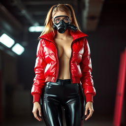 A hot slim girl with big breasts, dressed in a shiny red tight puffer jacket that accentuates her curves