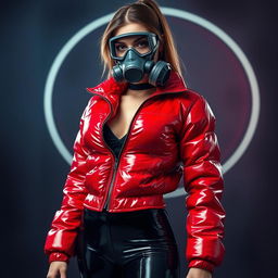A hot slim girl with big breasts, dressed in a shiny red tight puffer jacket that accentuates her curves
