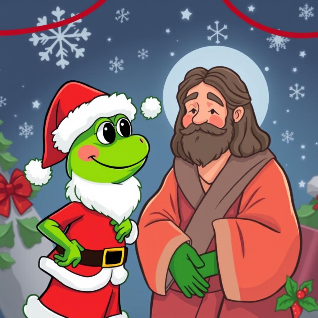 A whimsical vector illustration featuring the character Pepe the Frog dressed in a bright red Santa Claus outfit, complete with a fluffy white beard and hat