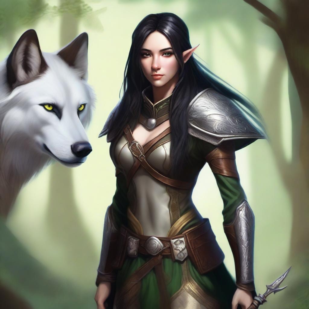 A high-quality digital art image of a female wood elf ranger