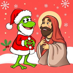 A whimsical vector illustration featuring the character Pepe the Frog dressed in a bright red Santa Claus outfit, complete with a fluffy white beard and hat