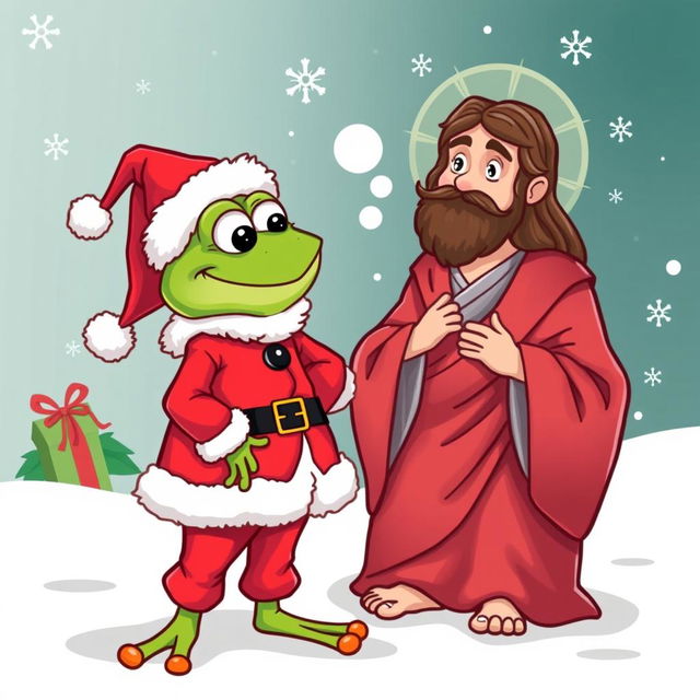 A whimsical vector illustration featuring the character Pepe the Frog dressed in a bright red Santa Claus outfit, complete with a fluffy white beard and hat