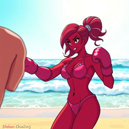 A strong and confident woman with deep red skin, resembling Garnet from the animated series Steven Universe, stands on a sandy beach wearing a stylish bikini