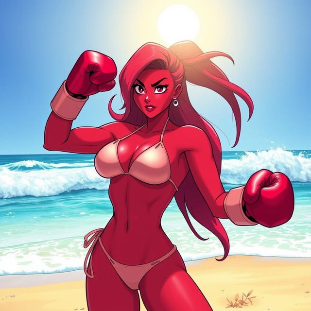 A strong and confident woman with deep red skin, resembling Garnet from the animated series Steven Universe, stands on a sandy beach wearing a stylish bikini