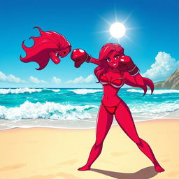 A strong and confident woman with deep red skin, resembling Garnet from the animated series Steven Universe, stands on a sandy beach wearing a stylish bikini