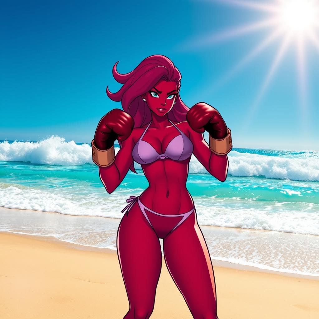 A strong and confident woman with deep red skin, resembling Garnet from the animated series Steven Universe, stands on a sandy beach wearing a stylish bikini