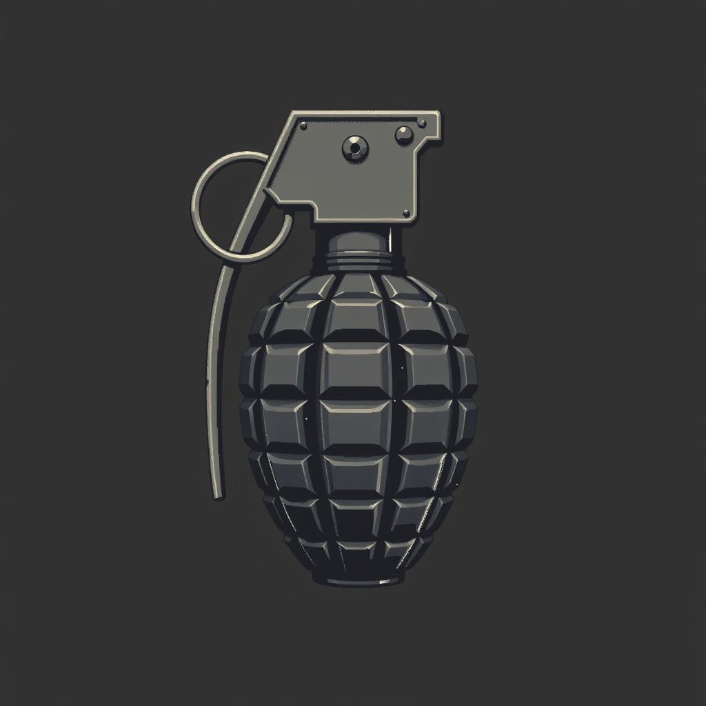 An intricate ASCII art representation of a classic hand grenade, featuring detailed textures and shading to showcase the grenade's distinctive shape and pin