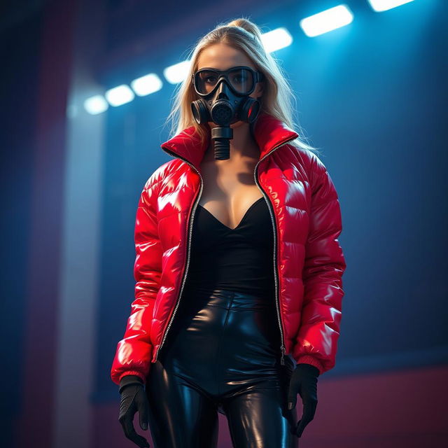 A hot slim girl with big breasts, wearing a shiny red tight puffer jacket that perfectly embraces her curves
