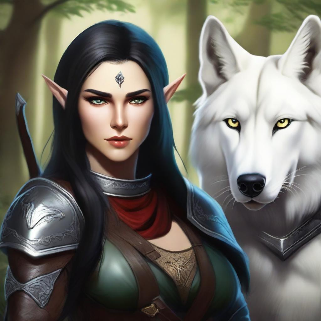 A high-quality digital art image of a female wood elf ranger