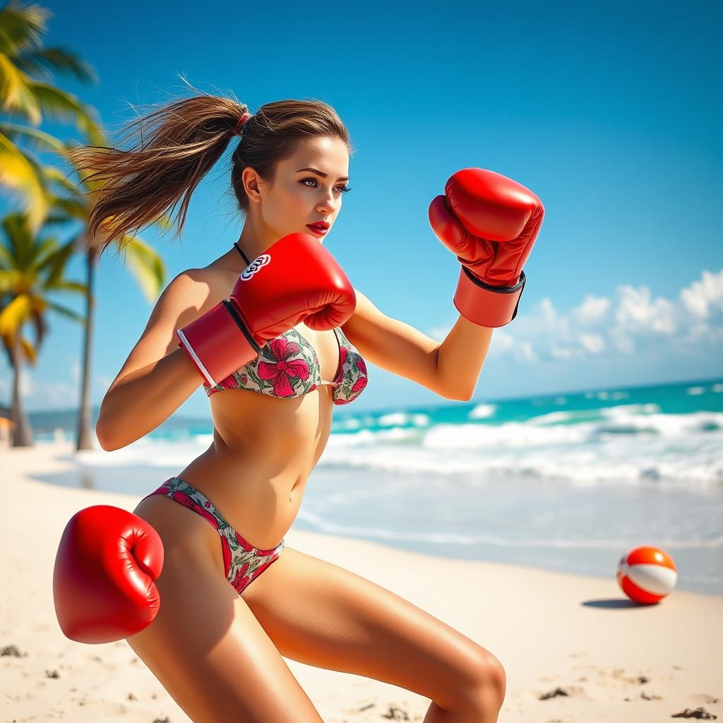 A dynamic beach scene featuring a female boxer wearing a stylish bikini and boxing gloves