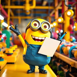 A cheerful, anthropomorphic yellow Minion worker, wearing a blue overall and goggles, enthusiastically holding a clipboard in one hand and a pencil in the other