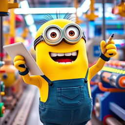 A cheerful, anthropomorphic yellow Minion worker, wearing a blue overall and goggles, enthusiastically holding a clipboard in one hand and a pencil in the other