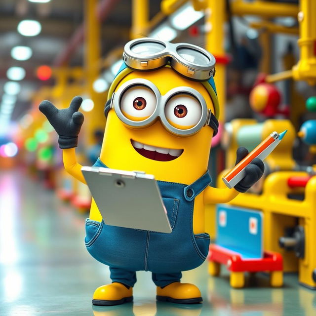 A cheerful, anthropomorphic yellow Minion worker, wearing a blue overall and goggles, enthusiastically holding a clipboard in one hand and a pencil in the other