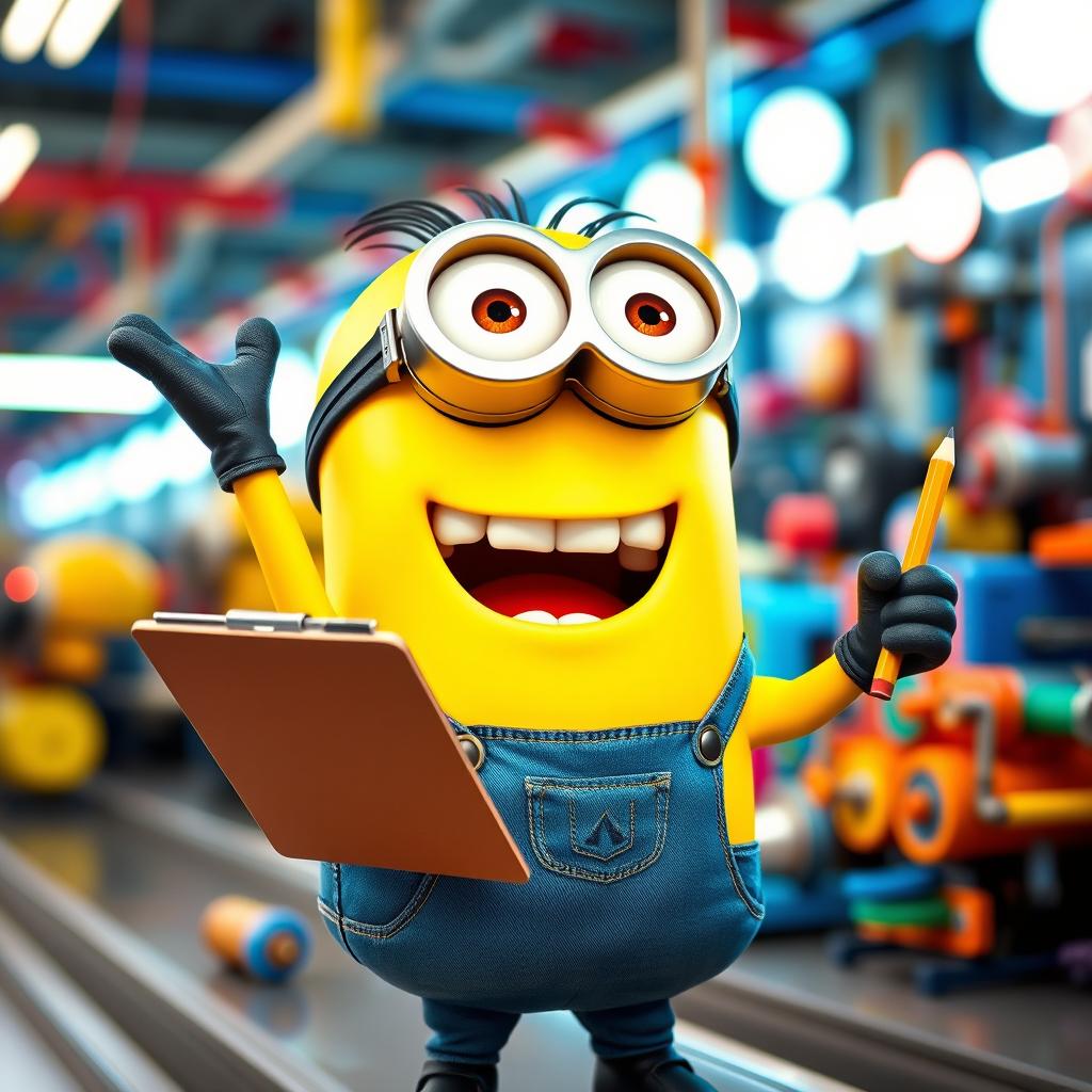 A cheerful, anthropomorphic yellow Minion worker, wearing a blue overall and goggles, enthusiastically holding a clipboard in one hand and a pencil in the other