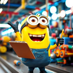 A cheerful, anthropomorphic yellow Minion worker, wearing a blue overall and goggles, enthusiastically holding a clipboard in one hand and a pencil in the other